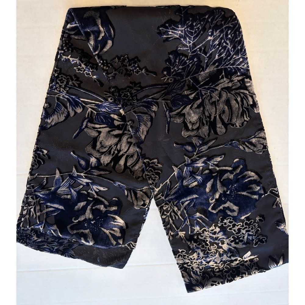 Velvet Burnout Devore Scarf Black Blue Silver Floral Long Oblong‎ Wrap Womens